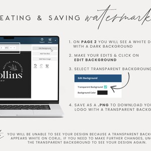 May include: A laptop screen displaying a website with a logo design for a photography business. The website has a dark background and a white design. The text on the screen reads "isie collins photography". The website features a button labelled "Edit Background" and a checkbox labelled "Transparent Background".