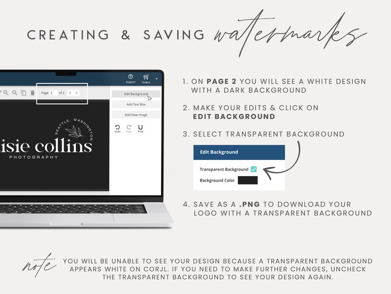 May include: A laptop screen displaying a website with a logo design for a photography business. The website has a dark background and a white design. The text on the screen reads "isie collins photography". The website features a button labelled "Edit Background" and a checkbox labelled "Transparent Background".