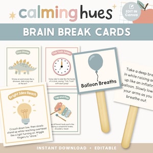 Könnte beinhalten: Gehirn-Pausenkarten mit dem Logo 'calming hues'. Die Karten zeigen Illustrationen und Anweisungen für Aktivitäten wie 'Dino Stamp' und 'Balloon Breaths'. Die Karten sind auf Holzstäben befestigt.