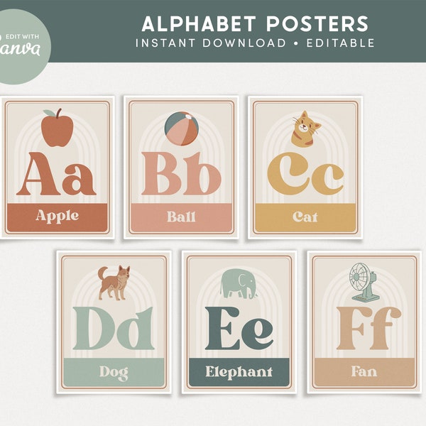 Alphabet Classroom Editable Posters, Letter Templates, Boho Canva Classroom Decor - PDFs + Editable Templates