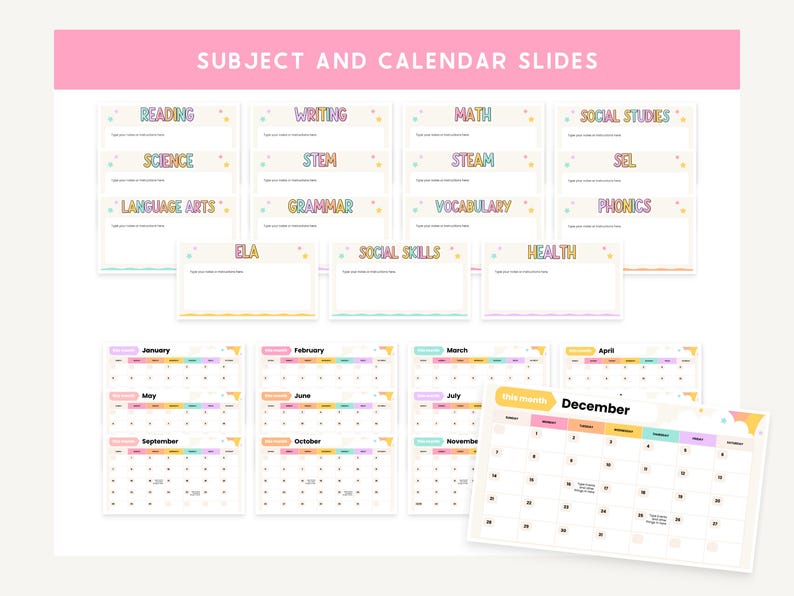 May include: A set of digital slides for subjects and calendars. Subjects include Reading, Writing, and Maths. Calendars for each month are shown, with a focus on December. The text is in a colourful, playful font.