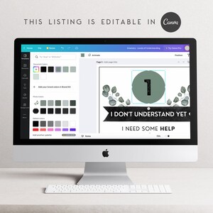 Peut inclure: Un &eacute;cran num&eacute;rique affichant un mod&egrave;le de conception Canva pour un tableau "Niveaux de compr&eacute;hension". Le tableau pr&eacute;sente un cercle vert avec le num&eacute;ro "1" &agrave; l'int&eacute;rieur, suivi du texte "Je ne comprends pas encore" et "J'ai besoin d'aide".