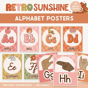 Alphabet Classroom Editable Posters, Groovy Cursive Letter Templates, ASL Retro Canva Classroom Decor - PDFs + Editable Templates