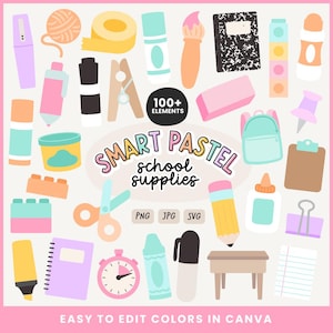 Pastel schoolbenodigdheden illustraties SVG's, PNG's, EPS, AI-bestanden, potlood, stift, liniaal, bindmiddel, rugzak schattige leraar clipart-illustraties