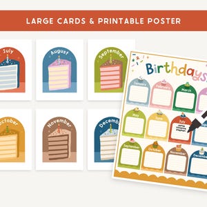 May include: A set of cards and a poster with the text "Birthdays!" and "LARGE CARDS & PRINTABLE POSTER". The cards feature cake slices with months like July, August, and September. The poster has spaces for names and dates.