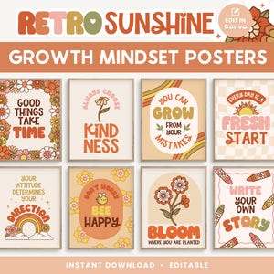 Growth Mindset Editable Classroom Printable Posters, Retro Sunshine Groovy Classroom, INSTANT DOWNLOAD - 8x10 and Editable Canva Template