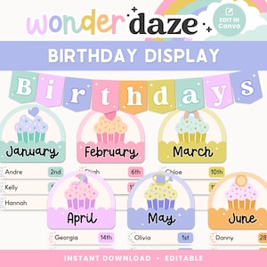 Cartel de cumpleaños editable para el aula / Tablón de anuncios de cupcakes coloridos / Banner de guirnalda para el aula / Plantilla de Canva