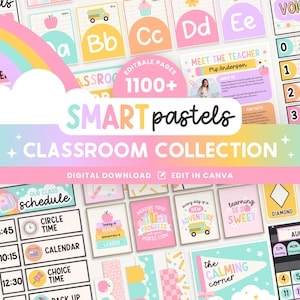 Bearbeitbares Klassenzimmer Smart Pastels Komplette Sammlung druckbares Bündel, Canva-Vorlagen Klassenzimmer-Manager, helles Organisationsdisplay