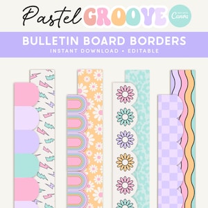 May include: Five different pastel coloured bulletin board borders with various patterns including daisies, lightning bolts, rainbows, and checkered patterns. The text "Pastel Groove" is at the top of the image.