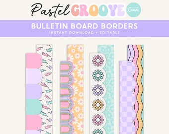 Classroom Bulletin Board Borders, Editable Canva Templates, Pastel Groovy Classroom Decor, Teacher Banner, PDFs + Templates