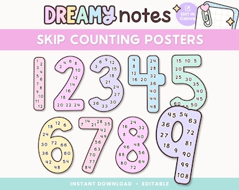 May include: A pastel-colored educational poster set labeled "Dreamy Notes" with the text "Skip Counting Posters." The numbers 1 through 9 are displayed, each with multiples listed inside. The poster is designed for instant download and is editable.
