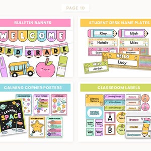 May include: A collection of colorful classroom decorations, including a bulletin banner that says "WELCOME 3RD GRADE", student desk name plates, calming corner posters, and classroom labels. The designs feature cute illustrations of school supplies and space-themed elements.