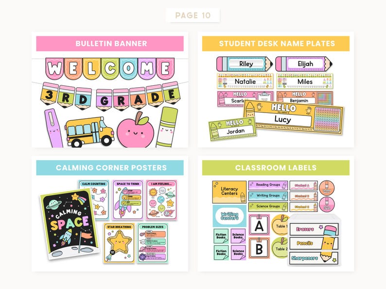 May include: A collection of colorful classroom decorations, including a bulletin banner that says "WELCOME 3RD GRADE", student desk name plates, calming corner posters, and classroom labels. The designs feature cute illustrations of school supplies and space-themed elements.
