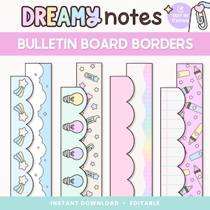 Puede incluir: Bordes digitales para tablones de anuncios con varios diseños. Los bordes incluyen colores pastel, estrellas, nubes, bombillas y crayones. El texto de la imagen dice "Dreamy Notes" y "Bulletin Board Borders". Descarga instantánea y editable.