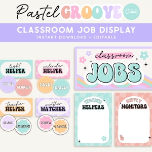 Classroom Job Display, Editable Canva Templates, Groovy Pastel Classroom Decor, Teacher Management, PDFs + Templates