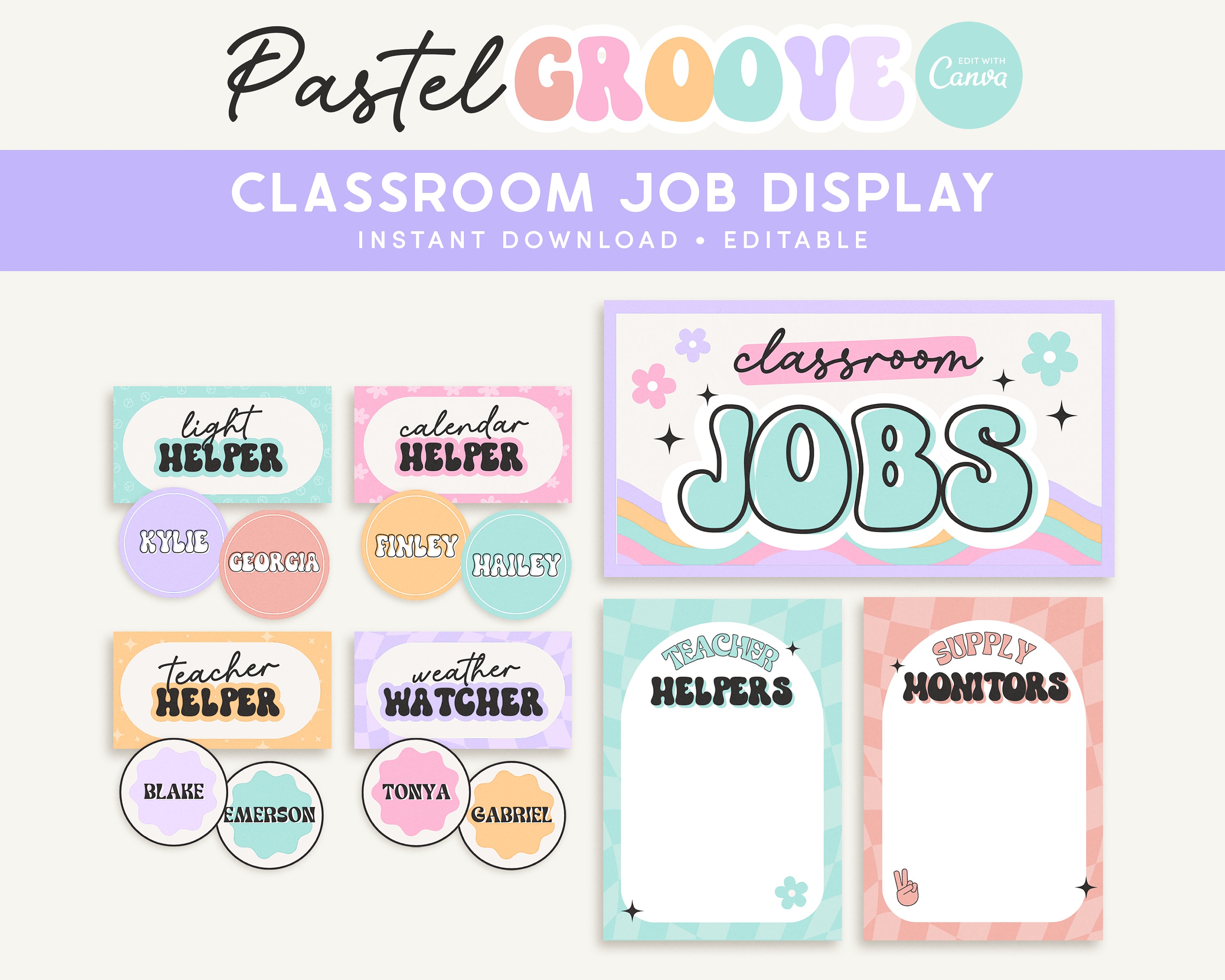 Classroom Job Display, Editable Canva Templates, Groovy Pastel Classroom Decor, Teacher Management, PDFs + Templates