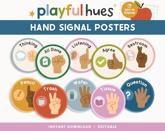 Posters met handsignaal in de klas | Afdrukbare posters voor klasmanagement | Bewerkbare canvassjabloon | Kleurrijke decoratie in de klas