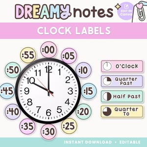 Puede incluir: Una descarga digital con etiquetas de reloj. Una esfera de reloj en blanco y negro está rodeada de marcadores de tiempo coloridos. La imagen incluye etiquetas para en punto, y los cuartos y media. El texto "Dreamy Notes" está en la parte superior.