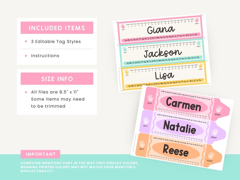 Puede incluir: Un conjunto de etiquetas de nombre imprimibles con dise&ntilde;os coloridos. Las etiquetas incluyen nombres como Giana, Jackson, Lisa, Carmen, Natalie y Reese. La imagen tambi&eacute;n muestra los elementos incluidos y la informaci&oacute;n de tama&ntilde;o. Los archivos miden 21,6 cm x 27,9 cm.