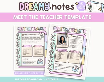 May include: A digital template titled "Dreamy Notes" with the text "Meet the Teacher Template." The design features two examples of a teacher introduction form with sections for favorites, fun facts, and contact information. The template is in pastel colors.