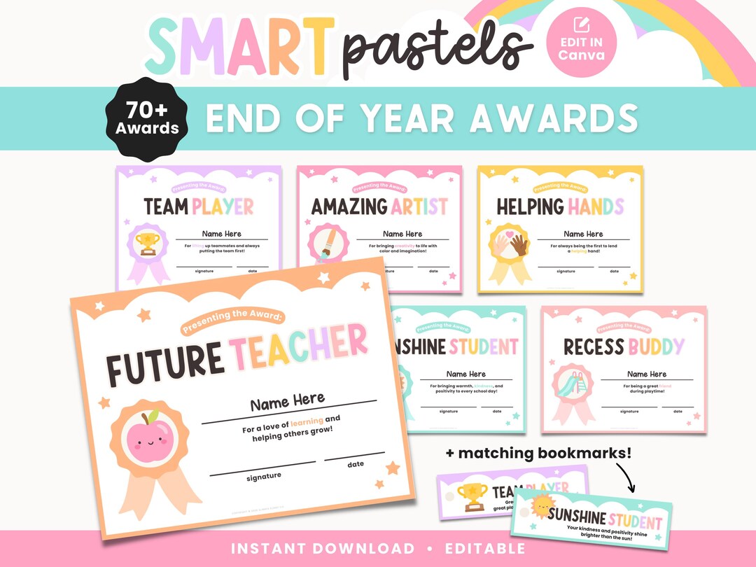 Editable Classroom End of Year Awards & Matching Bookmarks | Student ...