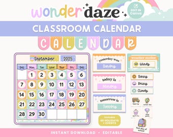 Classroom Calendar Display and Weather Station, Printable Cute Bright Classroom Decor, PDFs + Canva Editable Templates, Pocket Chart
