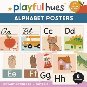 May include: A collection of alphabet posters with playful illustrations. Each poster features a letter, a corresponding image, and the word for the image. The posters include an apple, bus, cat, dinosaur, hand gestures, gumball machine, house, and iguana.