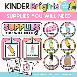 Bewerkbare lesmateriaalkaarten | Benodigdheden weergeven | Visuele organisatie | Kleuter- en kleuterdecor | Direct downloaden