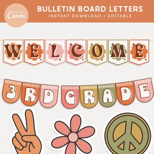 Classroom Bulletin Board Letters, Editable in Canva, Groovy Retro Classroom Bunting Decor, Teacher Templates