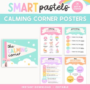Calming Corner Editable Classroom Printables, Calm Down Skills, Bright Colorful Canva Classroom Decor - PDFs + Editable Template