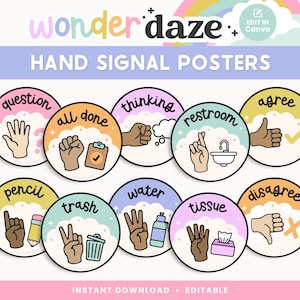 Classroom Hand Signals Poster Display, Editable in Canva, Bright Colorful Classroom Management, Teacher Templates, Visual Learning