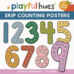 May include: A set of colourful skip counting posters, displaying numbers 1 to 9 with their multiples inside. The numbers are in various colours, including blue, green, orange, and pink. The text "Skip Counting Posters" is at the top.
