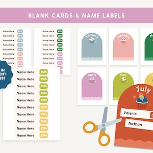 May include: A collection of blank cards and name labels with the text "BLANK CARDS & NAME LABELS". The cards feature pastel colors and cupcake illustrations for each month. Includes labels with space to write names and dates, and a blue sticker that says "TYPE IN STUDENT NAMES!"