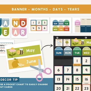 Peut inclure: Un ensemble de calendrier &eacute;ducatif color&eacute; avec des &eacute;tiquettes de banni&egrave;re, de mois, de jours et d'ann&eacute;es. Comprend des cartes pour les jours de la semaine, les chiffres et les mois. Comprend un tableau de poche avec une carte de mai et juin avec une illustration d'abeille et de citron.