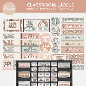 May include: A set of printable classroom labels in a retro 70s style with pastel colours and floral patterns. The labels include text boxes for "Edit Text", "Group 1", "Group 2", "Table 1", "Table 2", "Table 3", "Table 4", "Table 5", "Table 6", "Student A", "Student B", and "Student C".