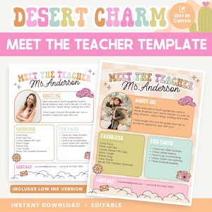 Plantilla imprimible para el aula Conozca al maestro, presentación del maestro, aula Bright Desert Canva, plantilla editable de DESCARGA INSTANTÁNEA
