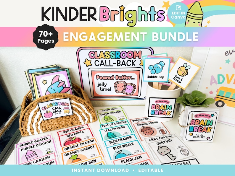 May include: A set of printable classroom engagement cards featuring colorful illustrations and text. The cards include phrases like "Peanut Butter... Jelly Time!" and "It's Time for a Brain Break".
