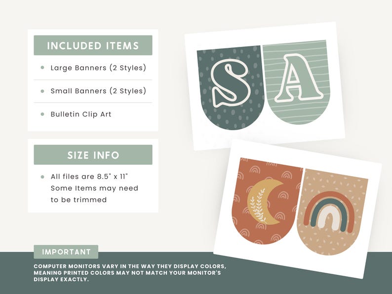 May include: Printable banner set with two styles of large banners, two styles of small banners, and bulletin clip art. The banners feature a green and white "SA" design and a brown and white moon and rainbow design. All files are 8.5 inches by 11 inches.