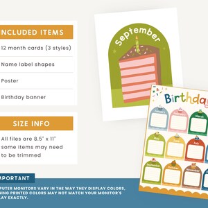 May include: A set of printable birthday-themed cards and posters. The image includes a "September" card with a cake slice, a "Birthdays!" poster, and a list of included items and size information. The cards are 8.5" x 11".