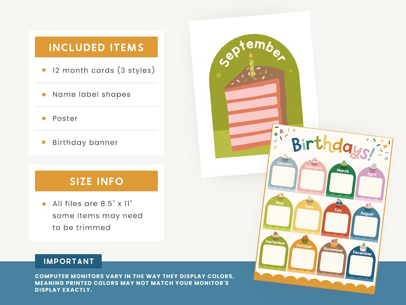 May include: A set of printable birthday-themed cards and posters. The image includes a "September" card with a cake slice, a "Birthdays!" poster, and a list of included items and size information. The cards are 8.5" x 11".