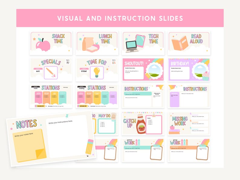 May include: A set of illustrated slides in pastel colours, featuring text like "Snack Time", "Lunch Time", and "Tech Time". The slides include images of an apple, a lunch bag, a laptop, and a book, designed for visual instruction.