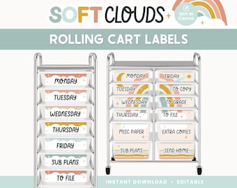 Classroom Rolling Trolley Cart Labels, Editable Teacher Drawer Filing, Pastel Rainbow Classroom Organization, PDFs + Canva Editable Files