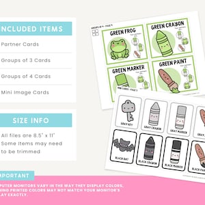 Puede incluir: Conjunto de tarjetas imprimibles de 8,5 x 11 pulgadas con personajes ilustrados en verde y gris. Las tarjetas incluyen una rana verde, un cray&oacute;n verde, un marcador verde, pintura verde, una llave gris, un cray&oacute;n gris, un marcador gris, pintura gris y un murci&eacute;lago negro. Las tarjetas est&aacute;n etiquetadas con los nombres de los personajes.