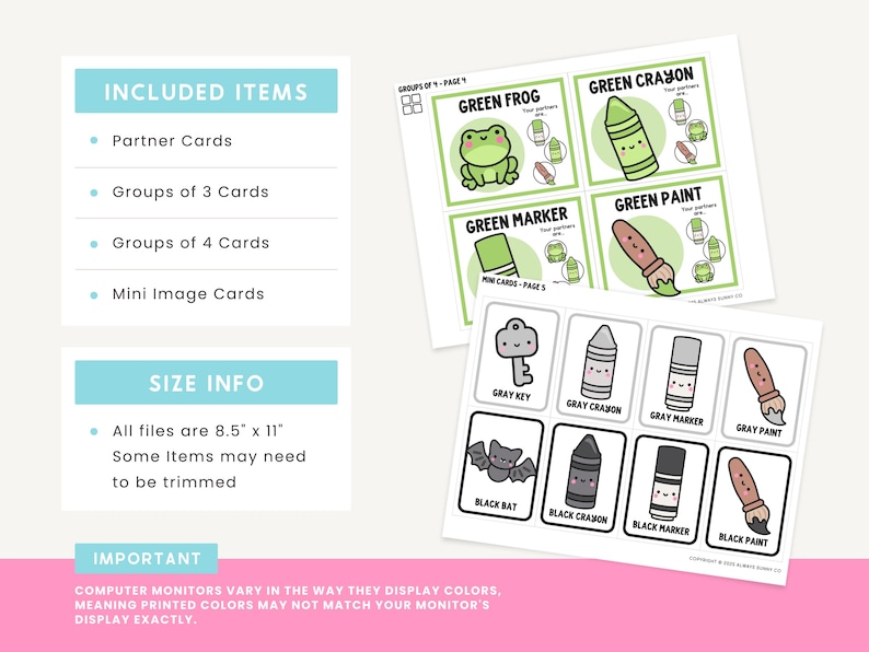 Puede incluir: Conjunto de tarjetas imprimibles de 8,5 x 11 pulgadas con personajes ilustrados en verde y gris. Las tarjetas incluyen una rana verde, un cray&oacute;n verde, un marcador verde, pintura verde, una llave gris, un cray&oacute;n gris, un marcador gris, pintura gris y un murci&eacute;lago negro. Las tarjetas est&aacute;n etiquetadas con los nombres de los personajes.
