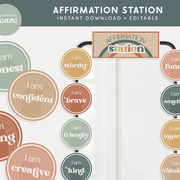 Classroom Affirmation Station Display, Modern Boho Classroom Decor, Neutral Editable Printable Classroom Management, Canva Templates