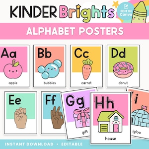 May include: A set of alphabet posters featuring colorful illustrations of objects starting with each letter. The posters are designed for kindergarten classrooms and feature a cute, cartoon style.