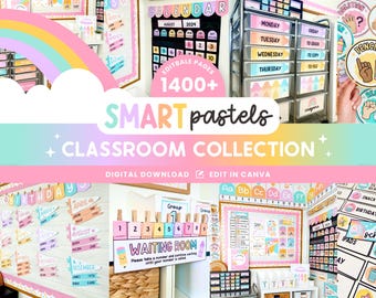 Editable Classroom Smart Pastels Complete Collection Printable Bundle, Canva Templates Classroom Management, Bright Organization Display