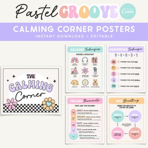 Calming Corner Editable Classroom Printables, Calm Down Skills, Canva Classroom Retro Pastel Decor - Teacher Templates