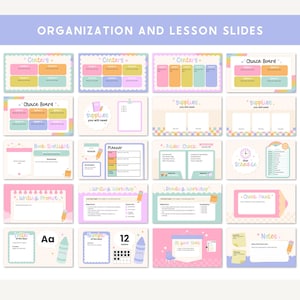 May include: A collection of colorful digital slides with the text "Organization and Lesson Slides." The slides feature pastel colors and various titles, including "Centers," "Choice Board," "Supplies," and "Book Spotlight."