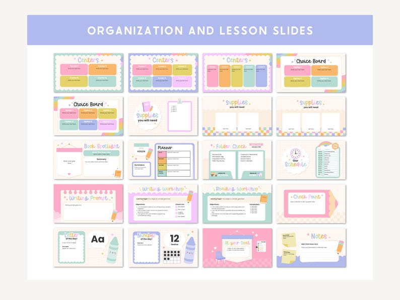 May include: A collection of colorful digital slides with the text "Organization and Lesson Slides." The slides feature pastel colors and various titles, including "Centers," "Choice Board," "Supplies," and "Book Spotlight."